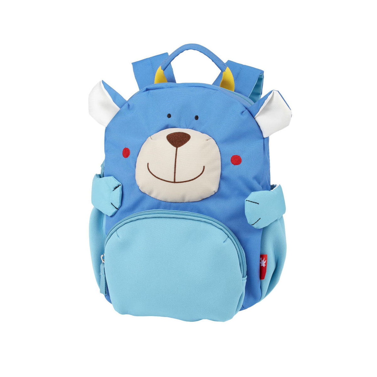 Blauer Kinder-Rucksack mit Bärengesicht, Ohren, gelben Hörnern sowie Front- und Seitentaschen.