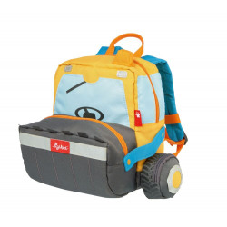 Bunter Kinder-Rucksack in Truck-Optik mit Rädern und Fronttasche, die einem Kühlergrill ähnelt.