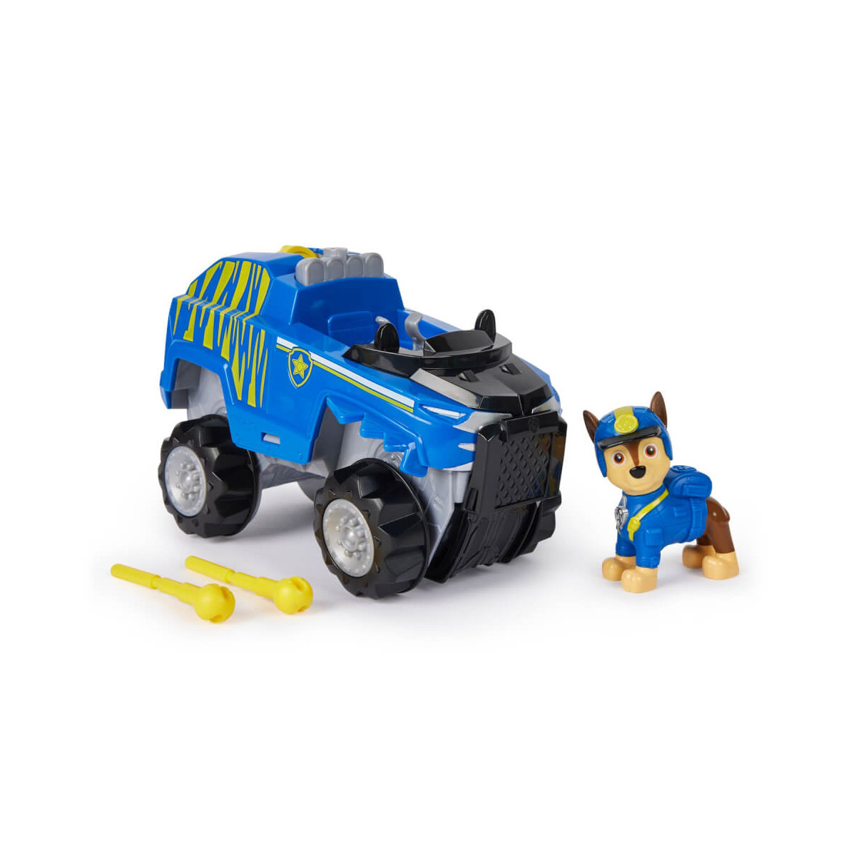 Blaues Spielzeug-Polizeifahrzeug mit zwei gelben Projektilen und Hundefigur in Polizeiuniform.
