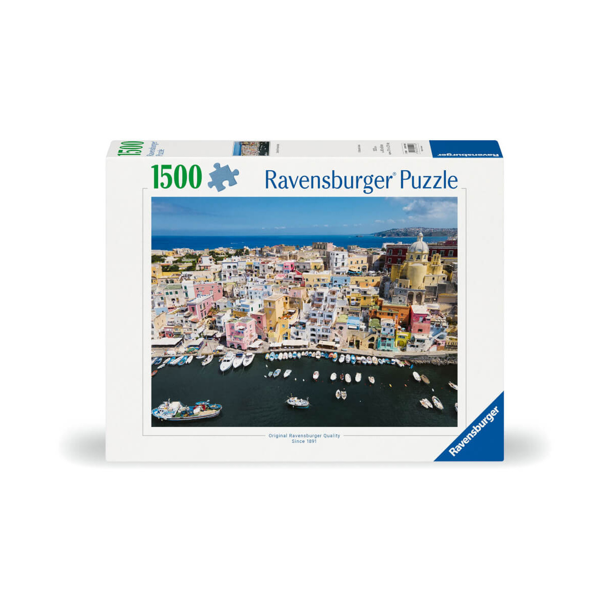Ravensburger Puzzle mit 1500 Teilen: Bunte Küstenstadt mit Booten und pastellfarbenen Gebäuden.
