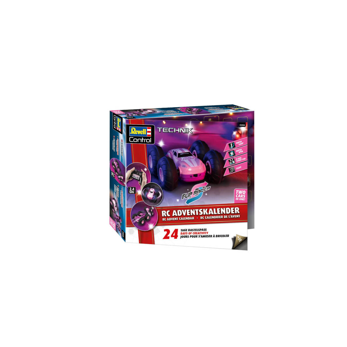 Revell RC Adventskalender-Box mit rosa ferngesteuertem Auto und Produktmerkmalen auf der Vorderseite.