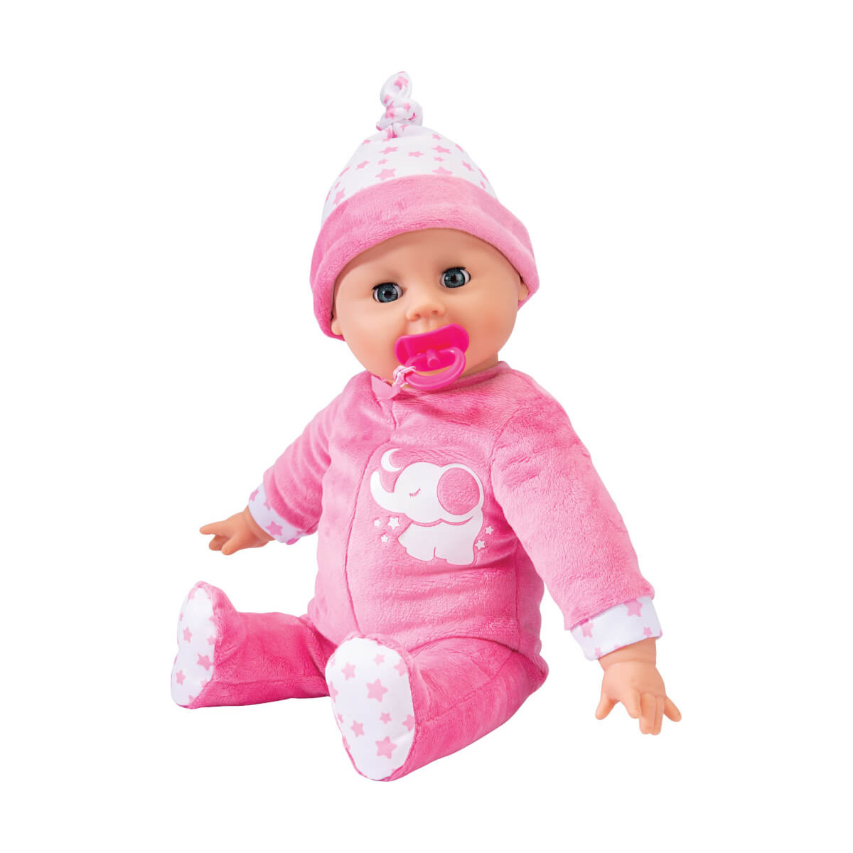 Babypuppe im rosa Outfit mit Elefantendesign, Mütze und pinkem Schnuller.