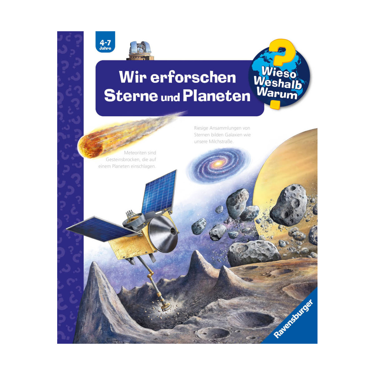 Kinderbuchcover mit Weltraumszene, Satellit, Asteroiden und dem Titel "Wir erforschen Sterne und Planeten".