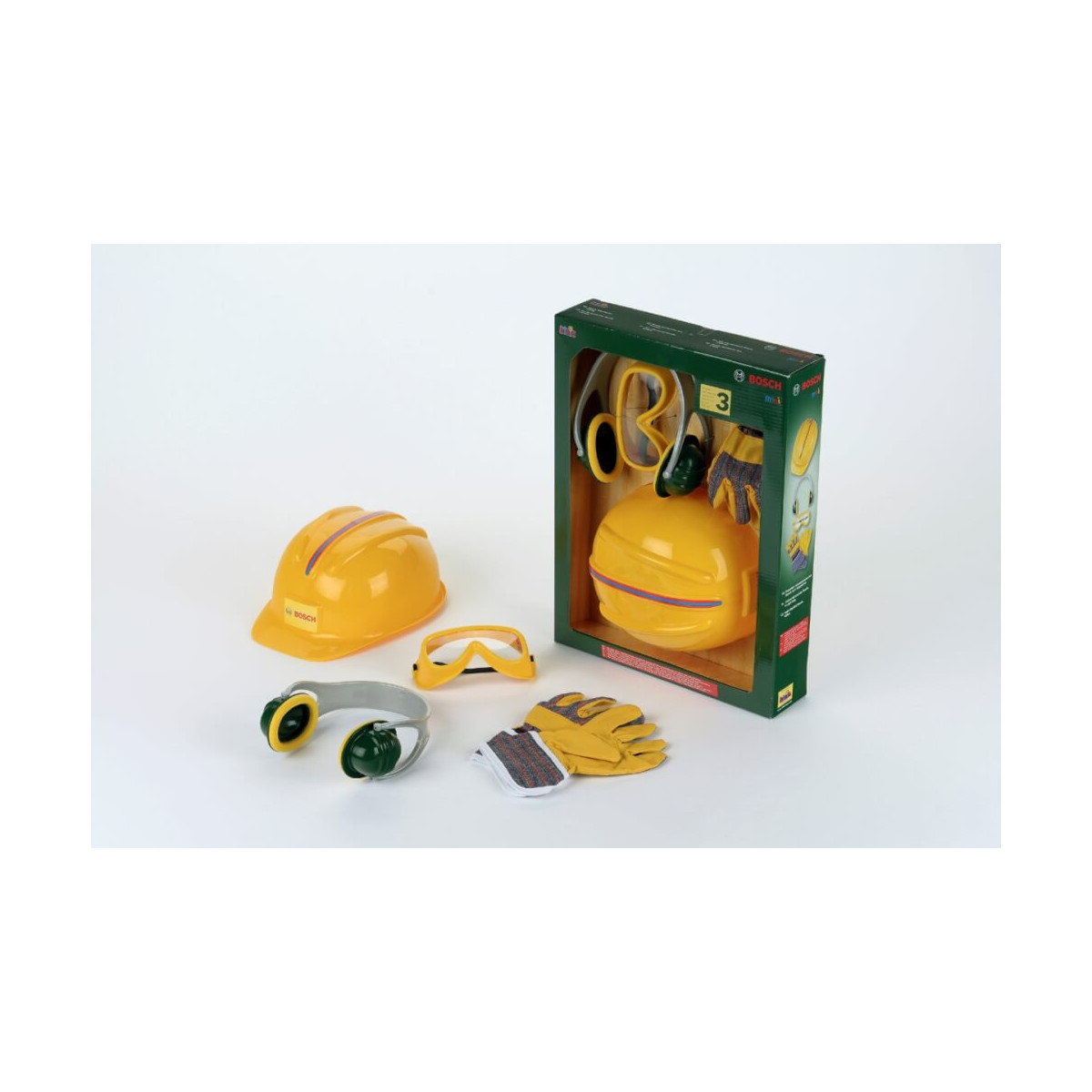 Spielzeug-Bausicherheitsset mit gelbem Helm, Handschuhen, Schutzbrille, Gehörschutz und Verpackung.