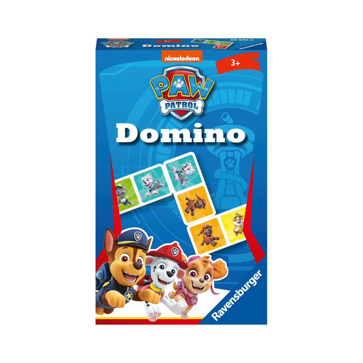Blaue Paw Patrol Domino-Box mit Chase, Marshall und Skye, geeignet für Kinder ab 3 Jahren.