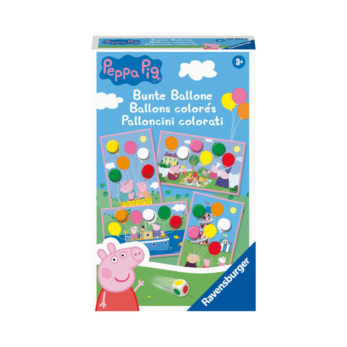 Ravensburger-Spielbox Peppa Pig mit bunten Luftballons und Comicfiguren auf dem Cover.