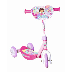 Pink-lila Kinder-Dreiradroller mit Cartoon-Figur und Schmetterlingsmotiven am Lenker.