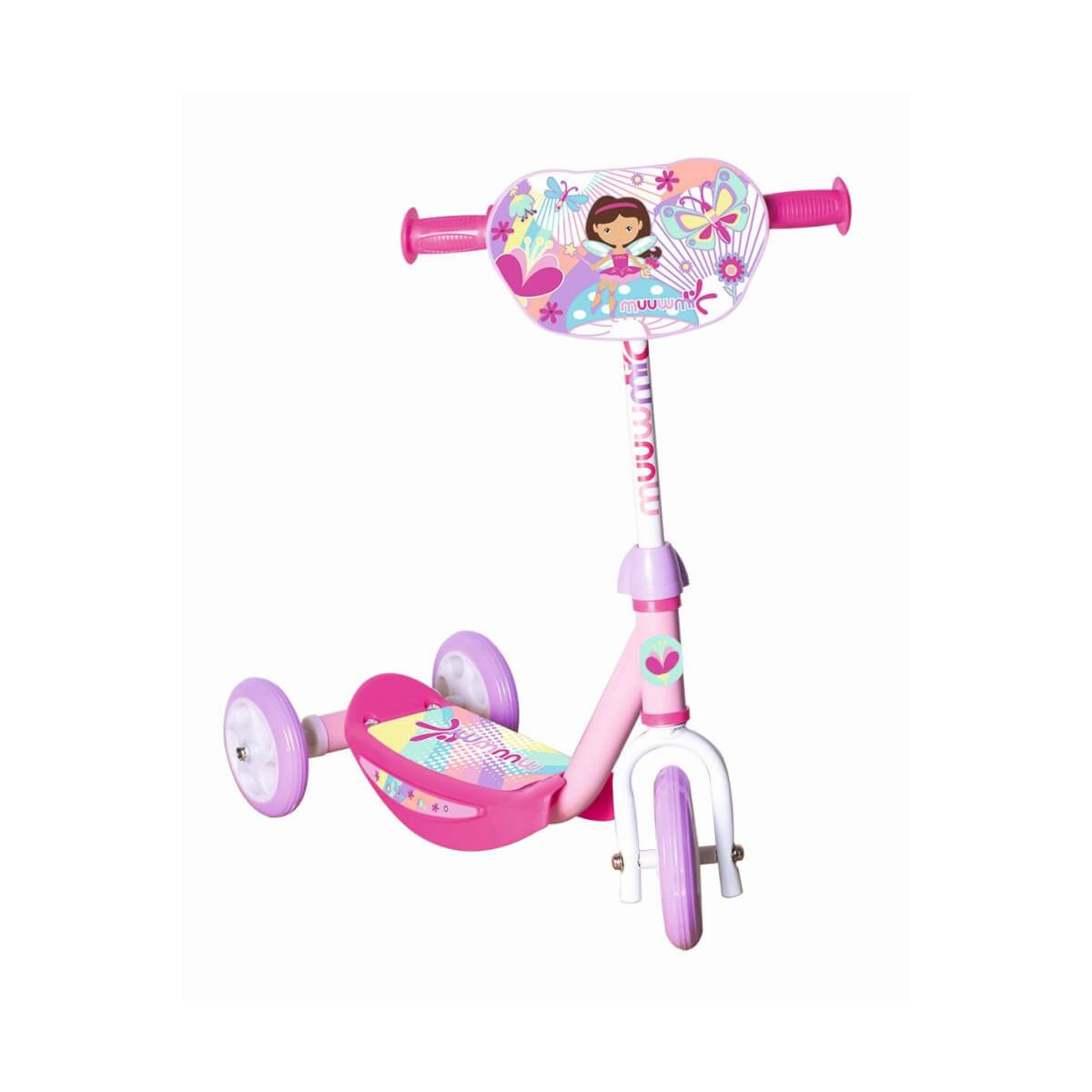 Pink-lila Kinder-Dreiradroller mit Cartoon-Figur und Schmetterlingsmotiven am Lenker.