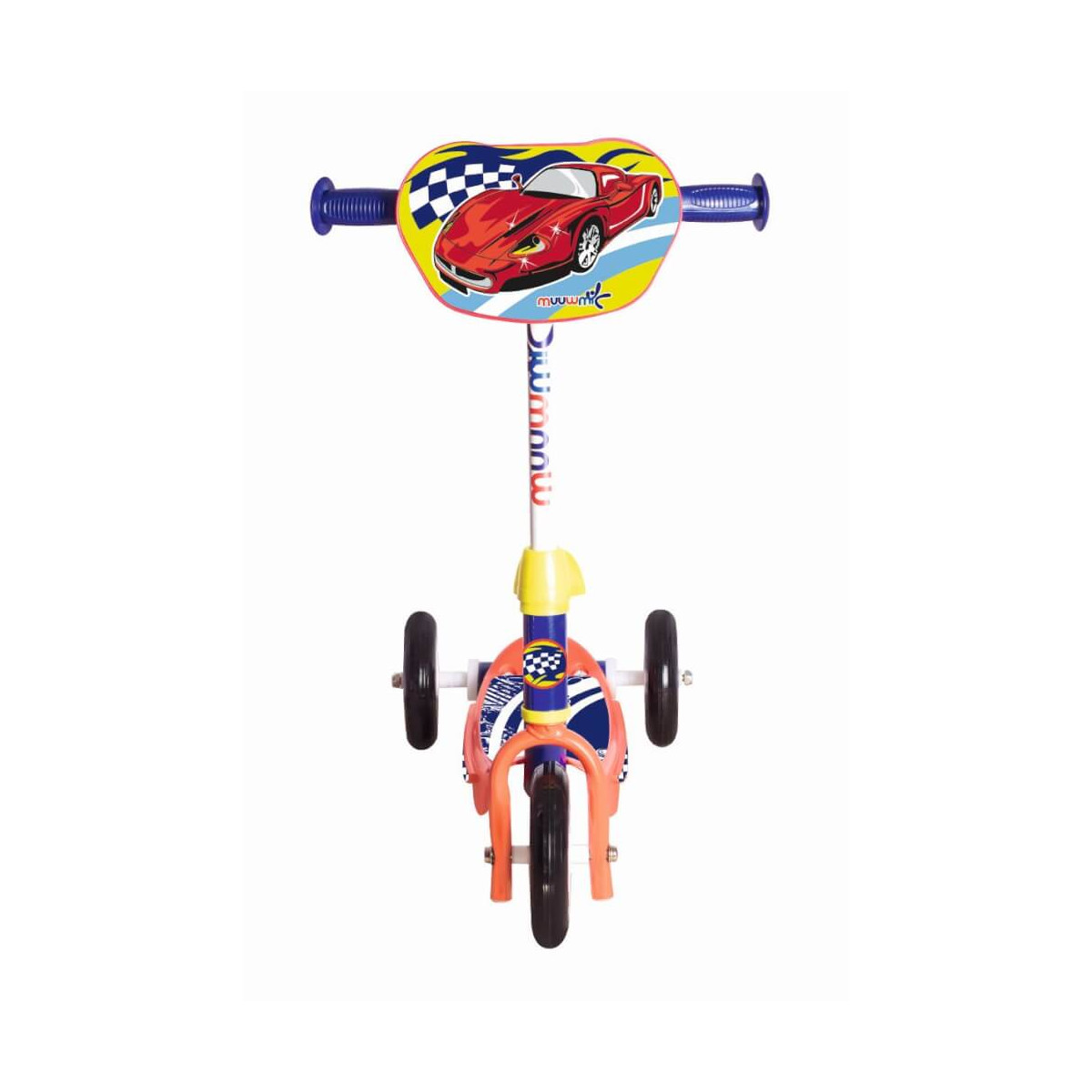 Kinder-Dreiradroller mit buntem Rennwagendesign vorne und blauen Griffen.