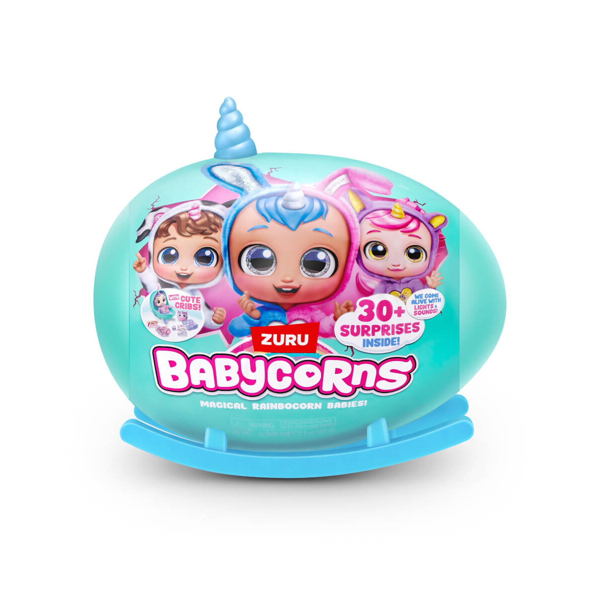 Ein türkisfarbenes Zuru Babycorns Spielei mit Comic-Babys und dem Hinweis „30+ Überraschungen enthalten“.