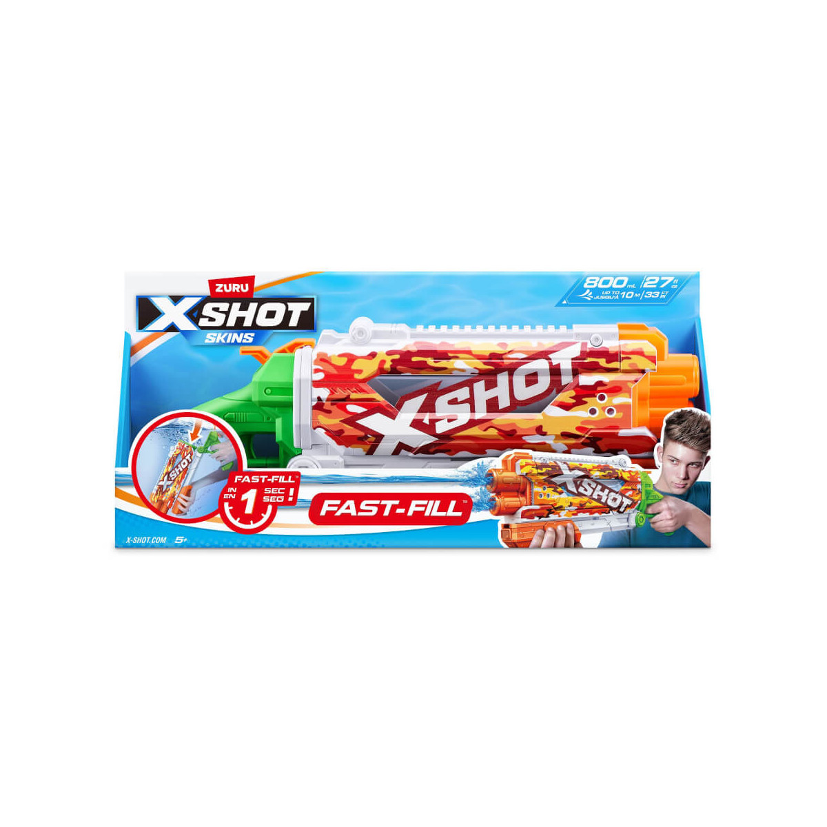 ZURU X-Shot Skins Fast-Fill Wasserblaster-Spielzeug mit Grafiken und einem Jungen, der den Blaster populär, in Verpackung.