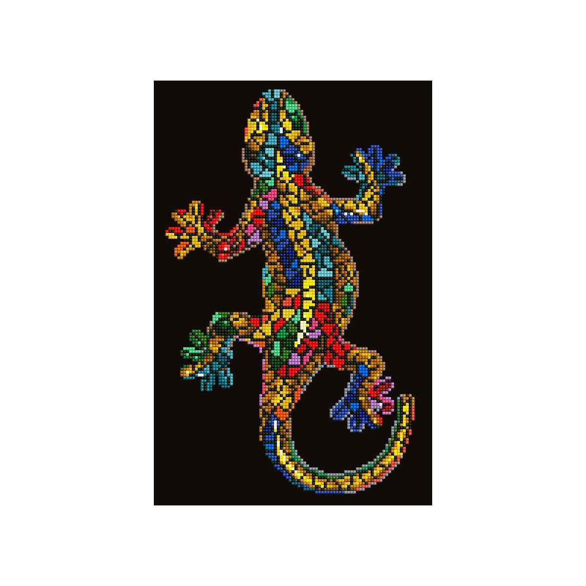 Ein bunter Mosaikgecko mit lebhaften Mustern vor schwarzem Hintergrund.
