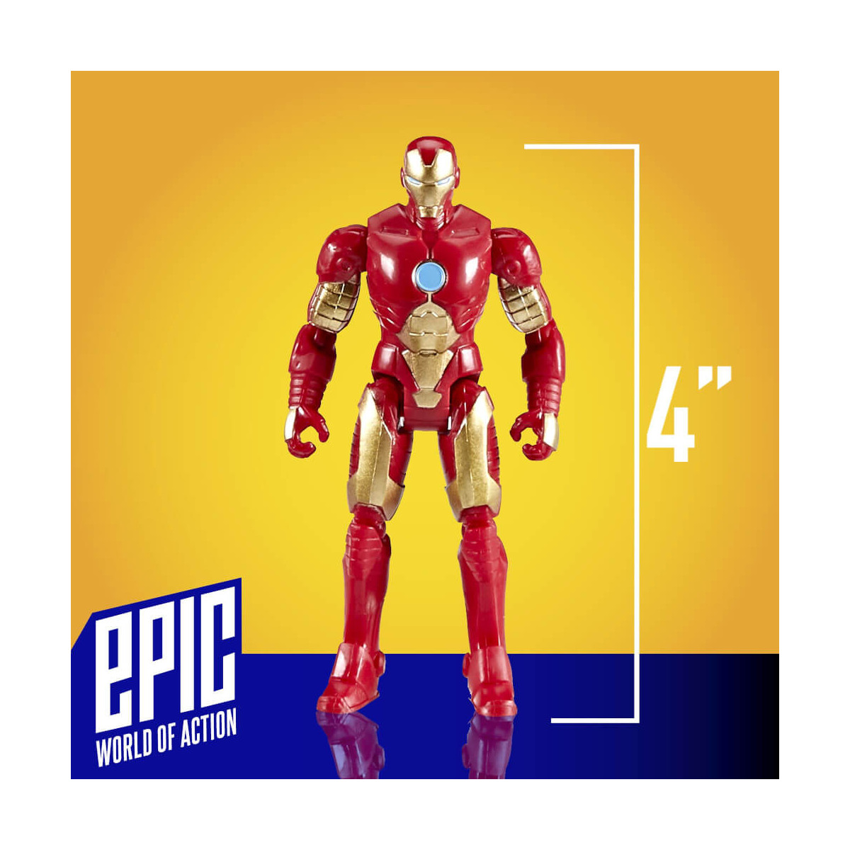 Eine 10cm große Iron-Man-Figur steht vor gelbem Hintergrund mit dem Schriftzug „EPIC WORLD OF ACTION“.