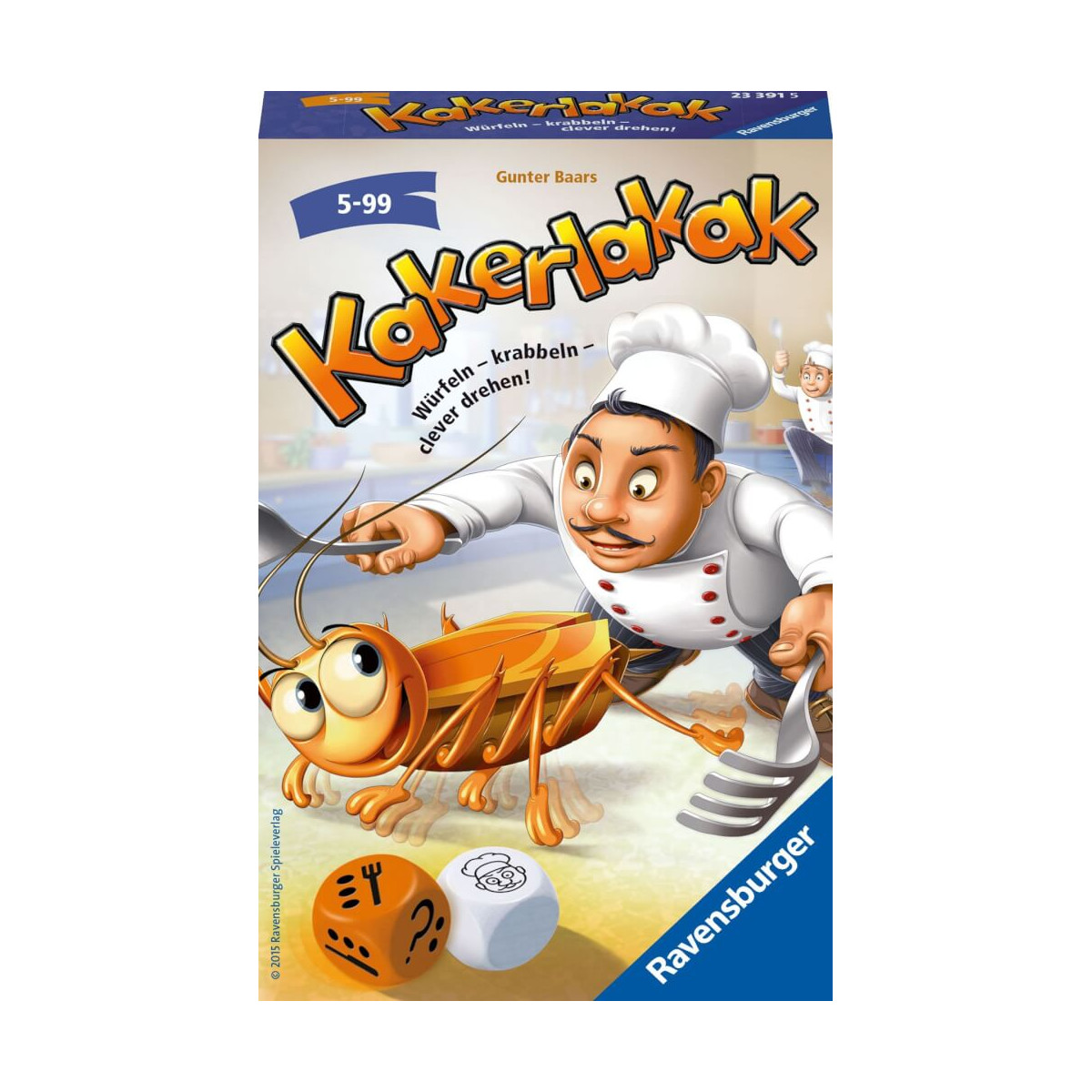 Auf der Spieleschachtel Kakerlakak von Ravensburger jagt ein Koch mit Besteck einen Cartoon-Kakerlake.