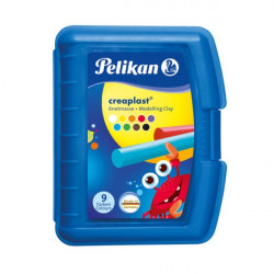Blaue Pelikan Creaplast Knetbox mit bunten Figurenillustrationen auf der Vorderseite.