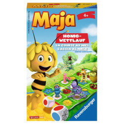 Buntes Brettspiel mit Biene Maja, weiteren Insekten und Würfeln, geeignet für Kinder ab 4 Jahren.