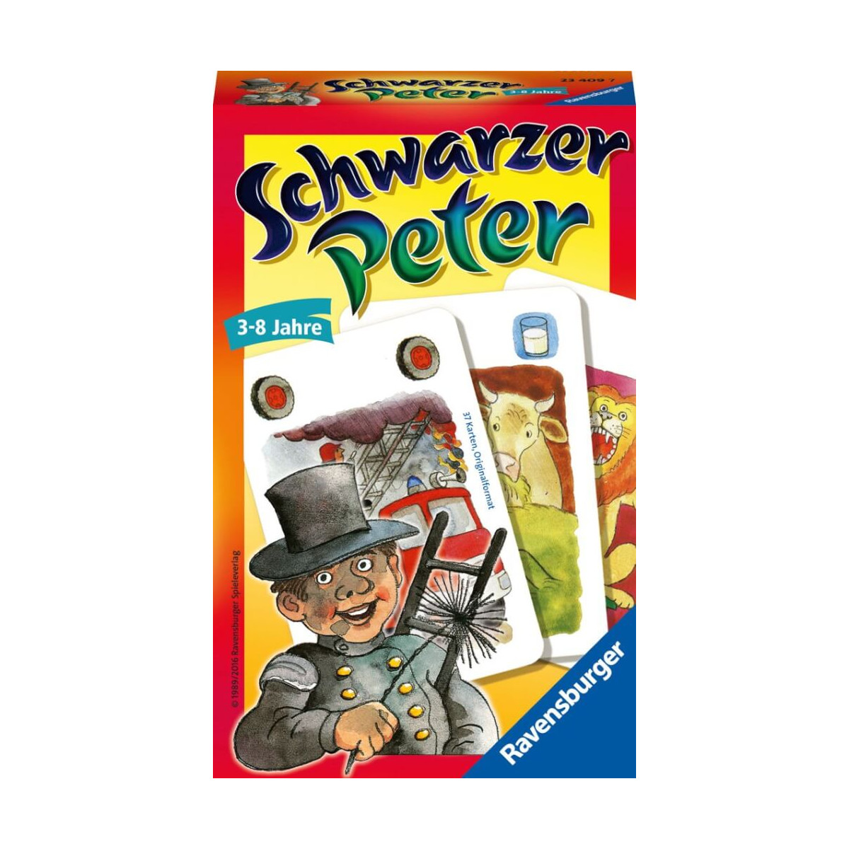 Schwarzer Peter von Ravensburger: Schachtel mit bunten Illustrationen und Spielkarten.