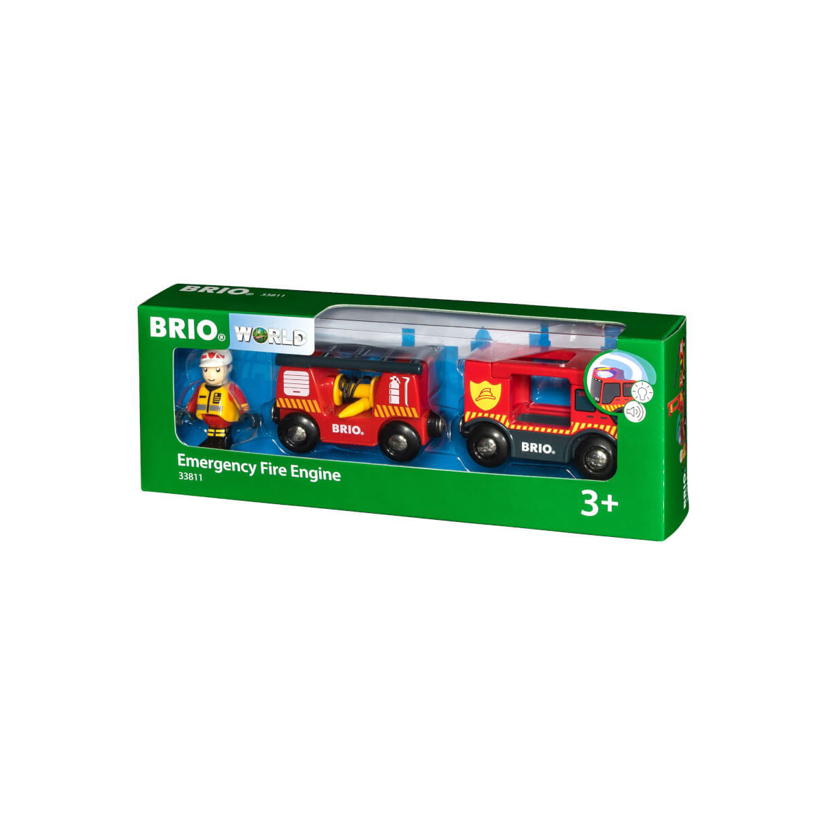 BRIO Feuerwehrauto-Set in grüner Box mit Einsatzfahrzeug, Anhänger und Feuerwehrfigur.