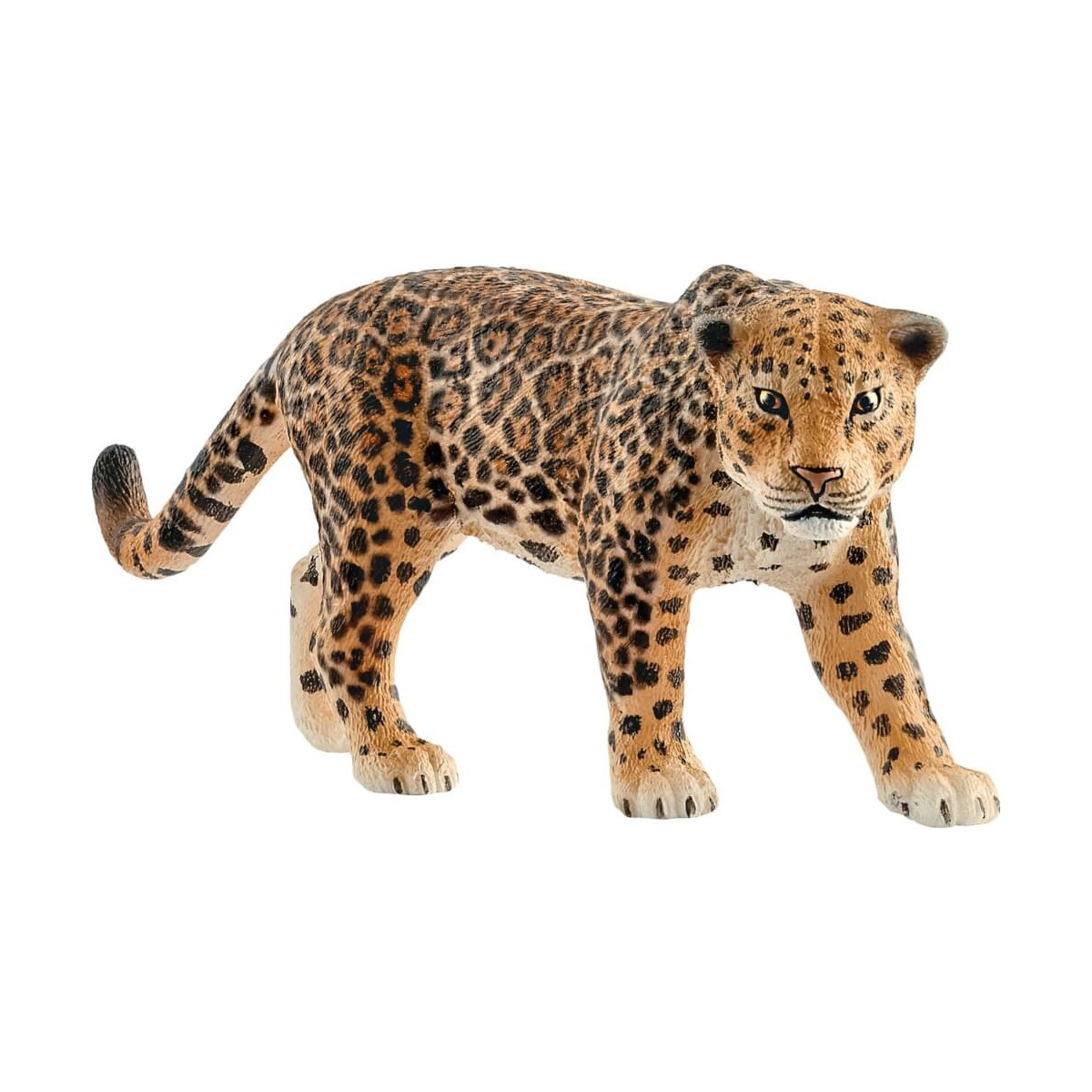 Plastikfigur eines Leoparden mit detaillierten Flecken, gehend und mit nach vorn gerichtetem Kopf.