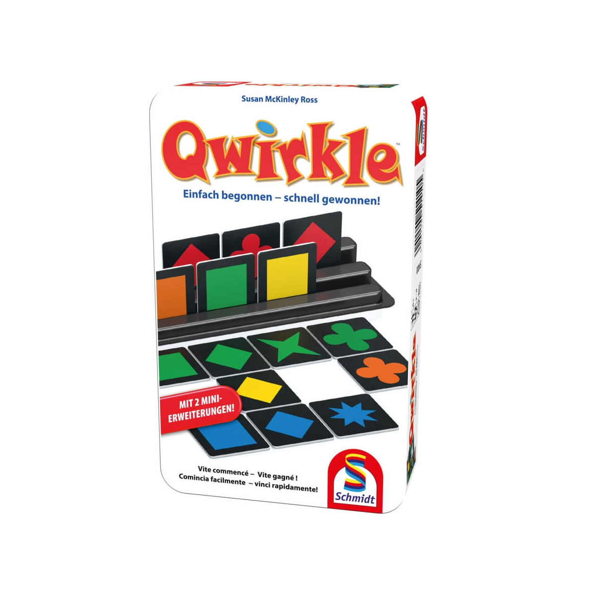 Qwirkle-Spielschachtel mit bunten Formsteinen und deutscher Beschriftung auf der Vorderseite.