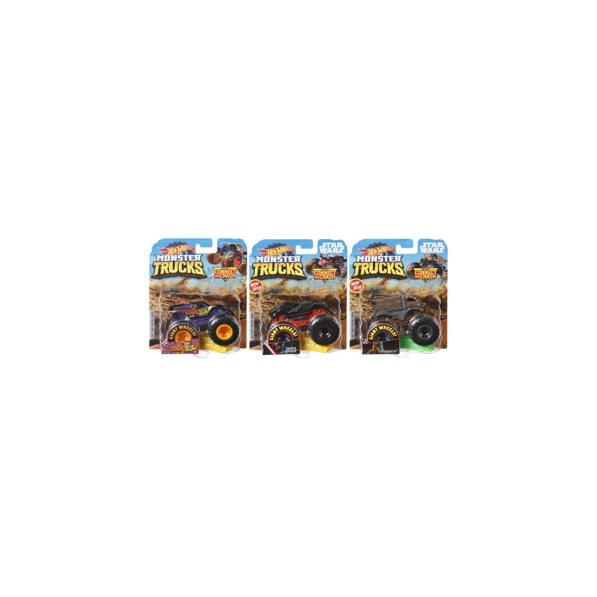 Drei Hot Wheels Monster Trucks in bunter Verpackung nebeneinander auf weißem Hintergrund präsentiert.