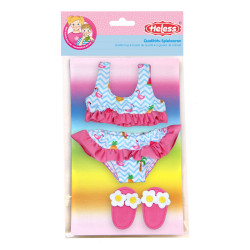 Buntes Mädchenschwimmset mit Rüschen, passender Hose und pinken Sandalen mit weißen Gänseblümchen.