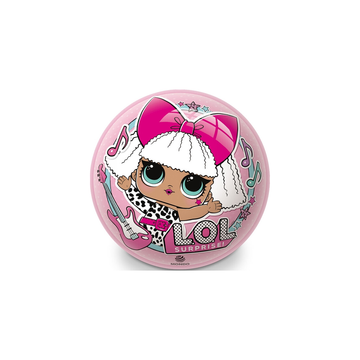 Rosa Ball mit L.O.L. Surprise!-Puppe, Gitarre, Noten und L.O.L. Überraschungs-Logo als Illustration.