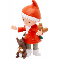 img_0:Gnomenfigur in Rot mit Eicheln, zu deren Füßen ein braunes Eichhörnchen ebenfalls eine Eichel hält.