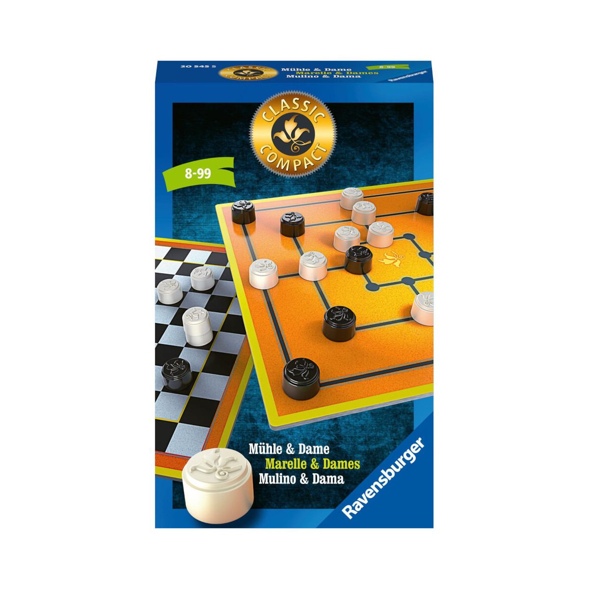 Ravensburger Brettspiel mit Dame und Mühle für Spieler von 8 bis 99 Jahren.