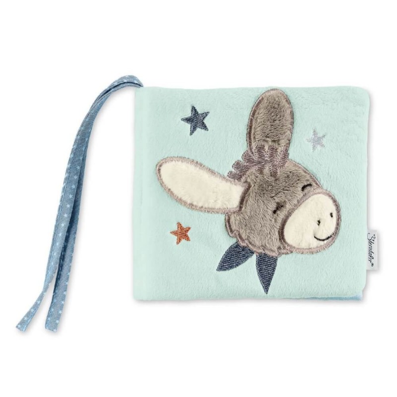 Weiches Baby-Stoffbuch mit lächelndem Esel, Sternen, hellblauem Hintergrund und blauem Stoffband.