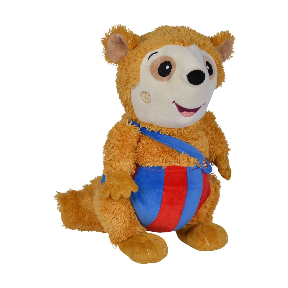 Brauner Plüschbär in roten und blauen Latzhosen mit blauen Trägern sitzt aufrecht und lächelt.