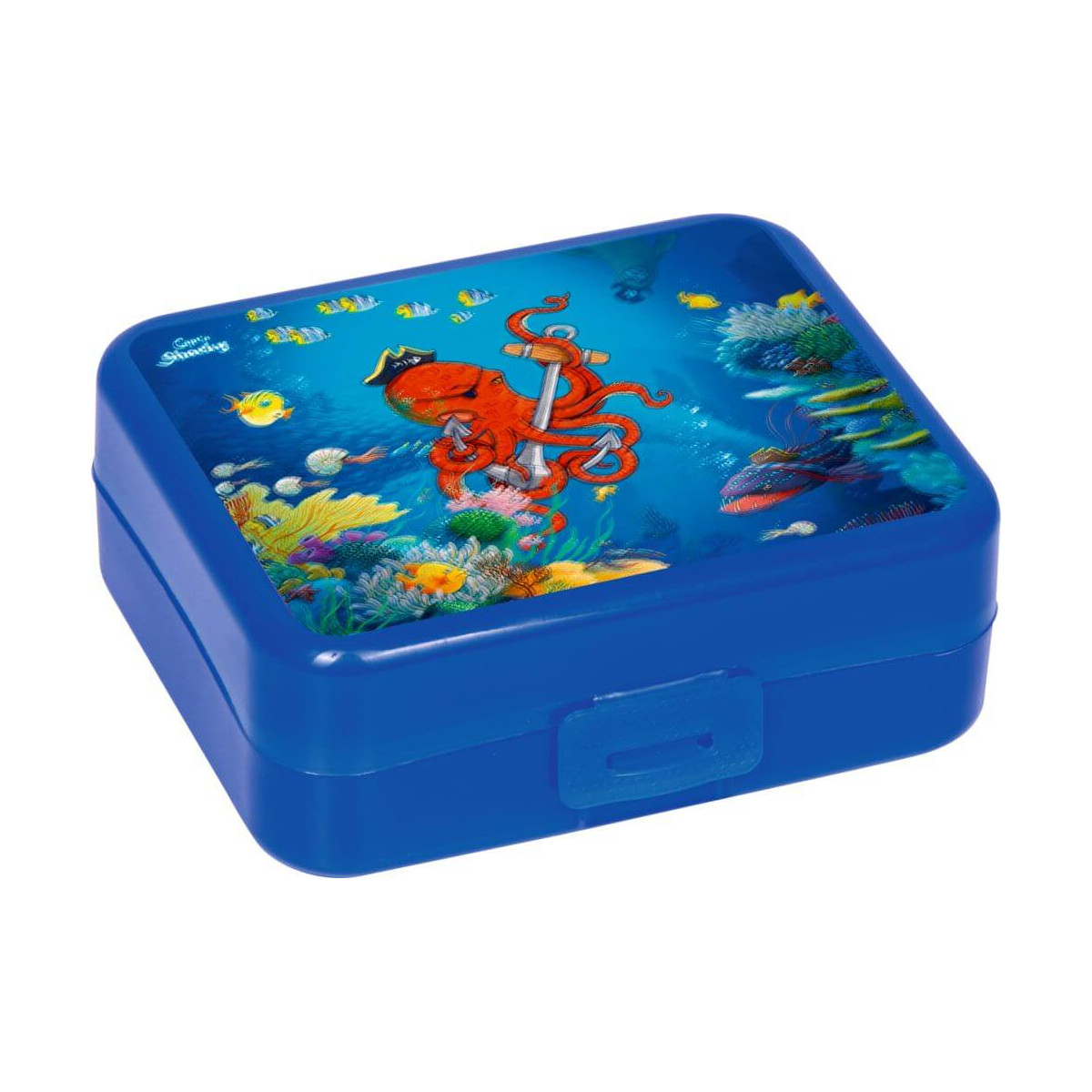 Blaue Lunchbox mit Unterwassermotiv: Piratenkrake und bunte Meerestiere auf dem Deckel.