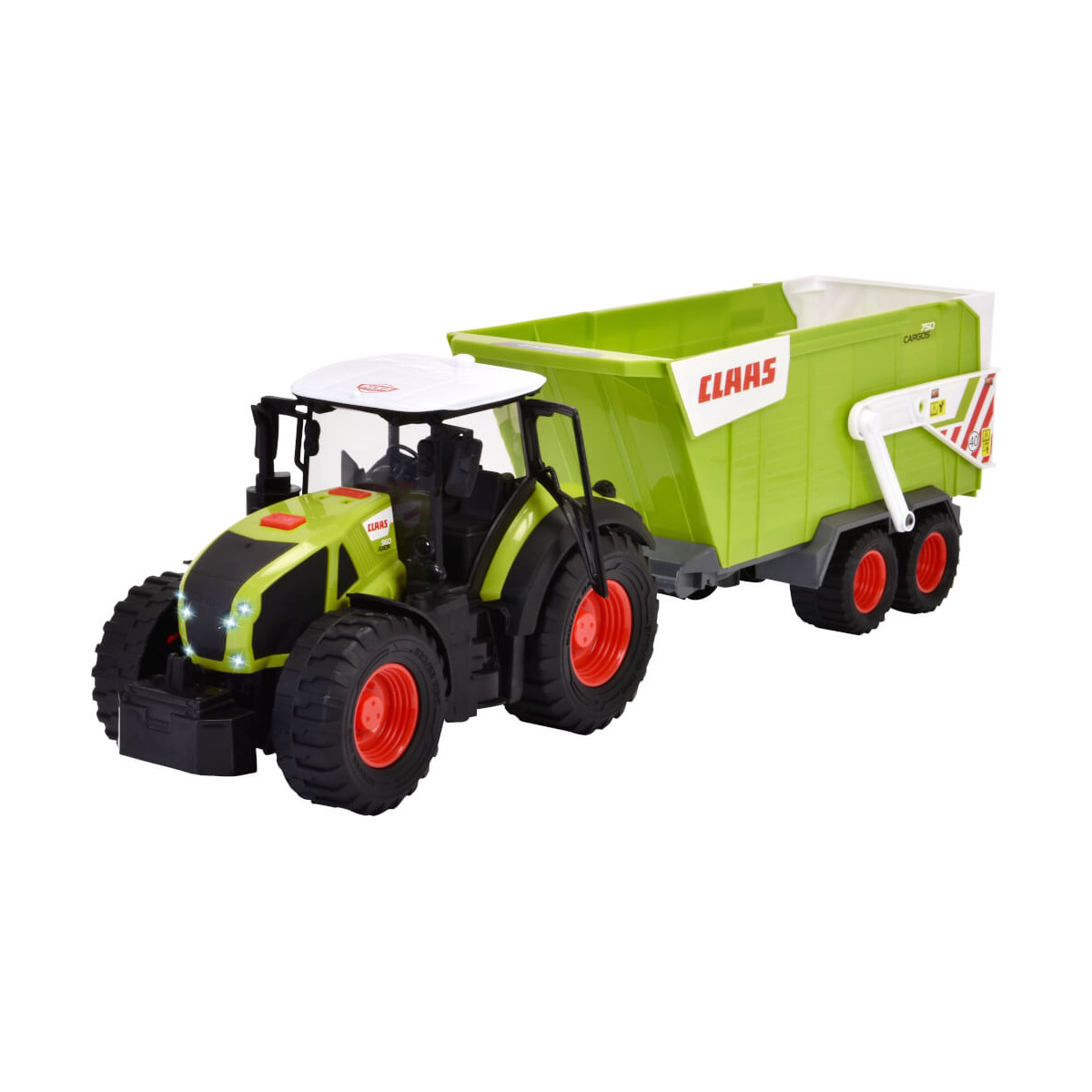 Grüner Spielzeugtraktor mit großen schwarzen Rädern zieht passende grüne CLAAS-Anhänger vor weißem Hintergrund.