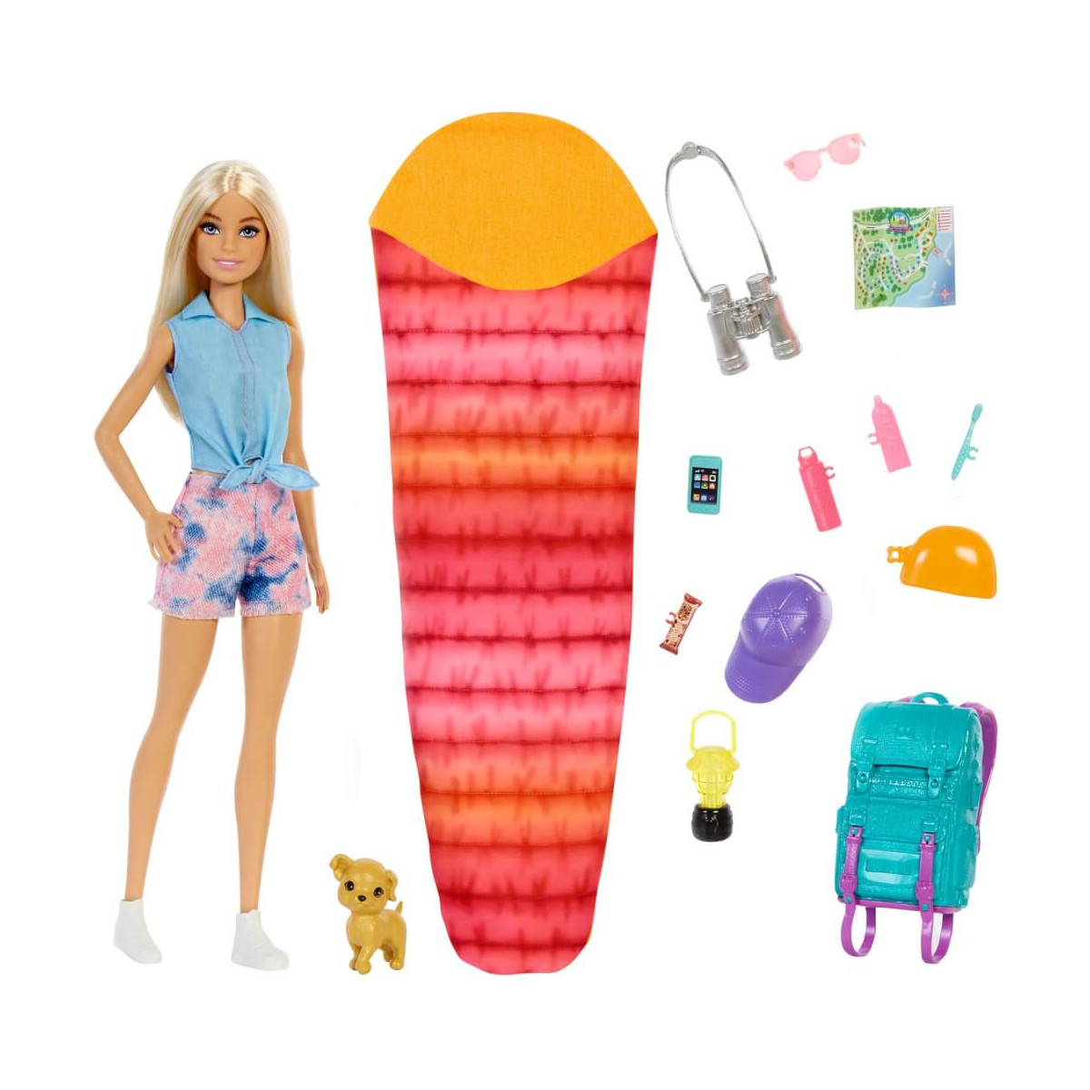 Barbie-Puppe mit Campingausrüstung, Schlafsack, Rucksack, Hund und weiterem Zubehör.