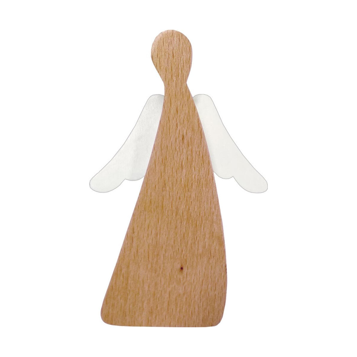 Holzengel mit schlichten weißen Flügeln und rundem Kopf vor weißem Hintergrund.