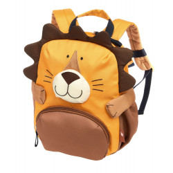 Oranger Kinder-Rucksack im Löwen-Design mit Gesicht, Mähne und Ohren auf der Vorderseite.
