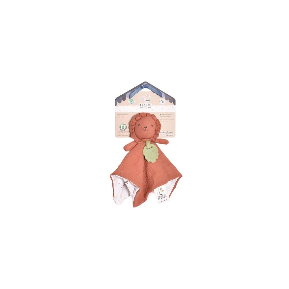 Plüsch-Löwen-Schnuffeltuch für Babys in Orange mit Verpackung und Blattdetail auf der Vorderseite.