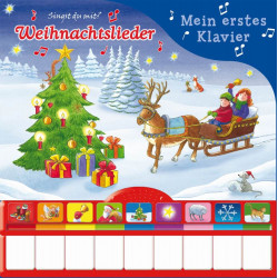 Buntes Kinderbuchcover mit Weihnachtsbaum, Geschenken und Schlitten in verschneiter Landschaft.
