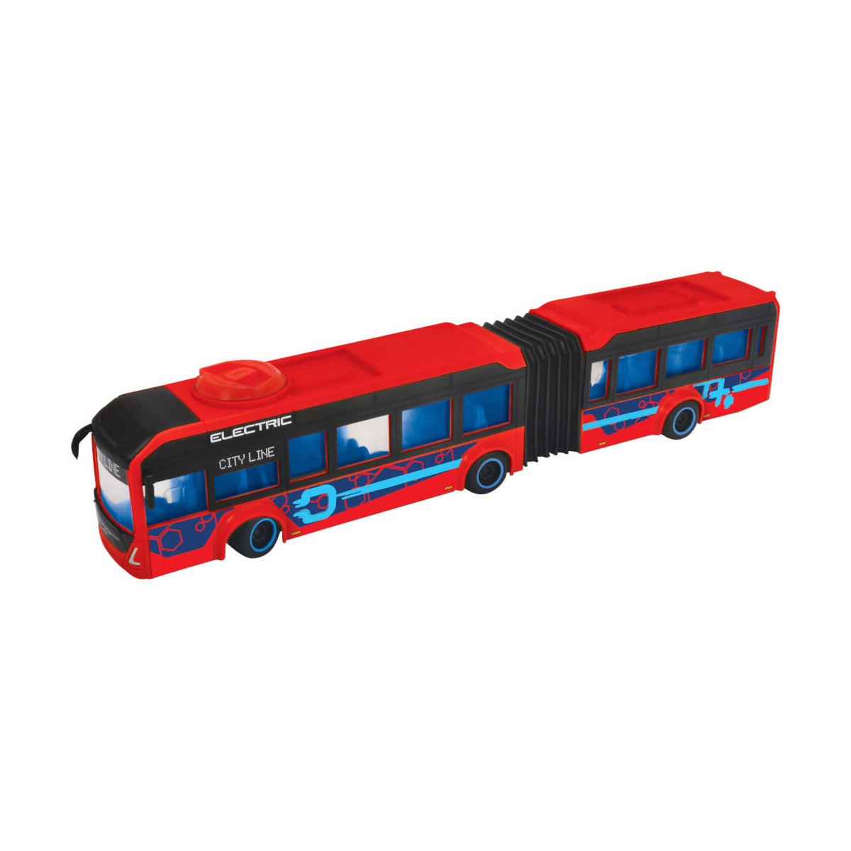 Roter Spielzeug-Gelenk-Elektrobus mit blauen Fenstern und schwarzem Faltgelenk zwischen den Wagenteilen.