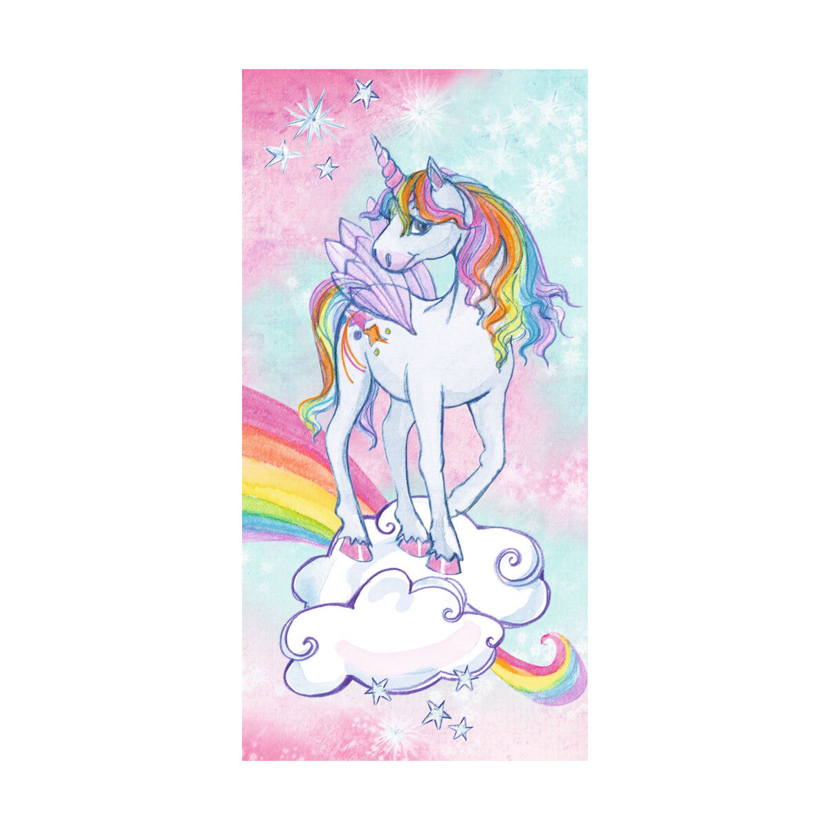 Ein pastellfarbenes Einhorn mit Flügeln steht auf einer Wolke vor rosa-blauem, sternenklarem Himmel.