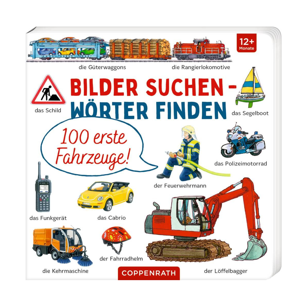 Kinderbuchcover mit Abbildungen verschiedener Fahrzeuge wie Bagger, Segelboot, Feuerwehrauto und Motorrad.