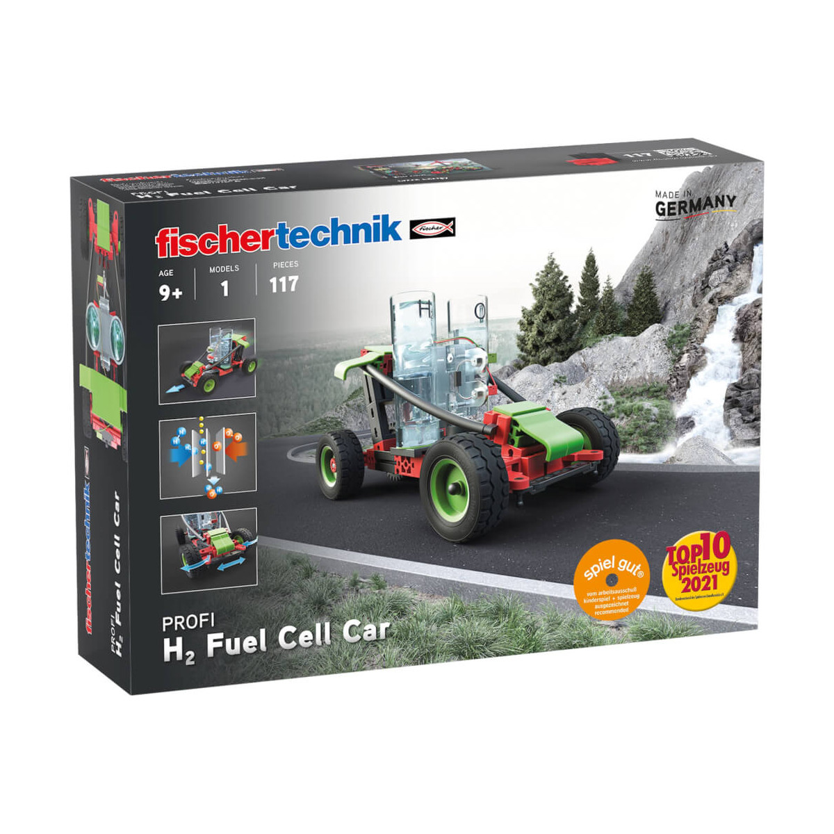 Fischertechnik H2 Fuel Cell Car Kit, 117 Teile, inklusive Modellauto, ab 9 Jahren, mit Bergmotiv auf der Verpackung.