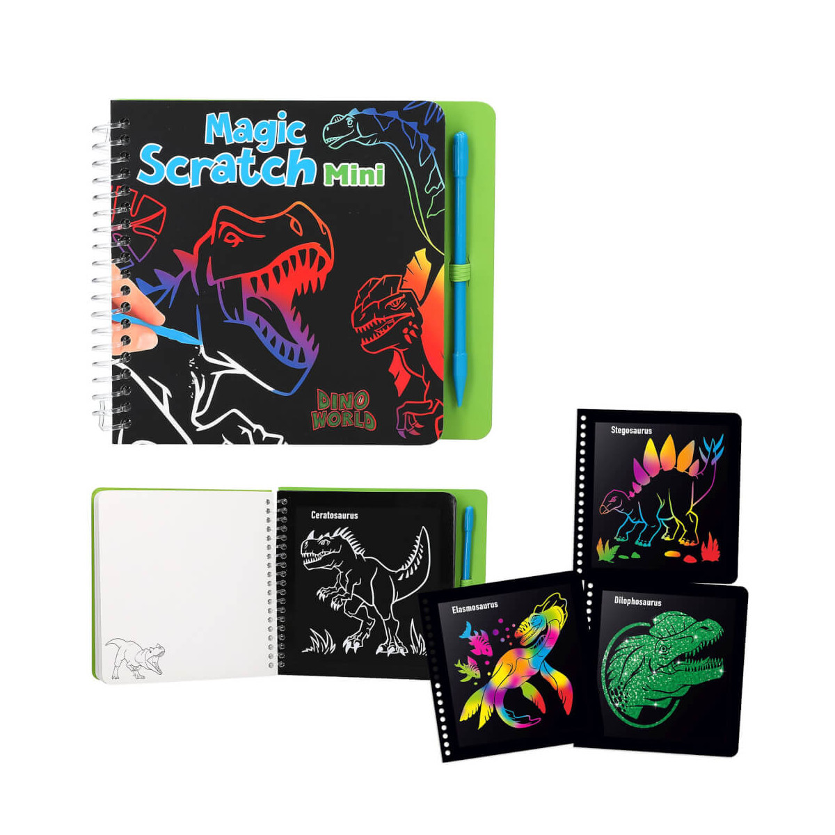 Mini-Kratzbuch mit Dinosauriermotiven, Kratzstift und farbigen Dino-Bildern zum Freilegen.