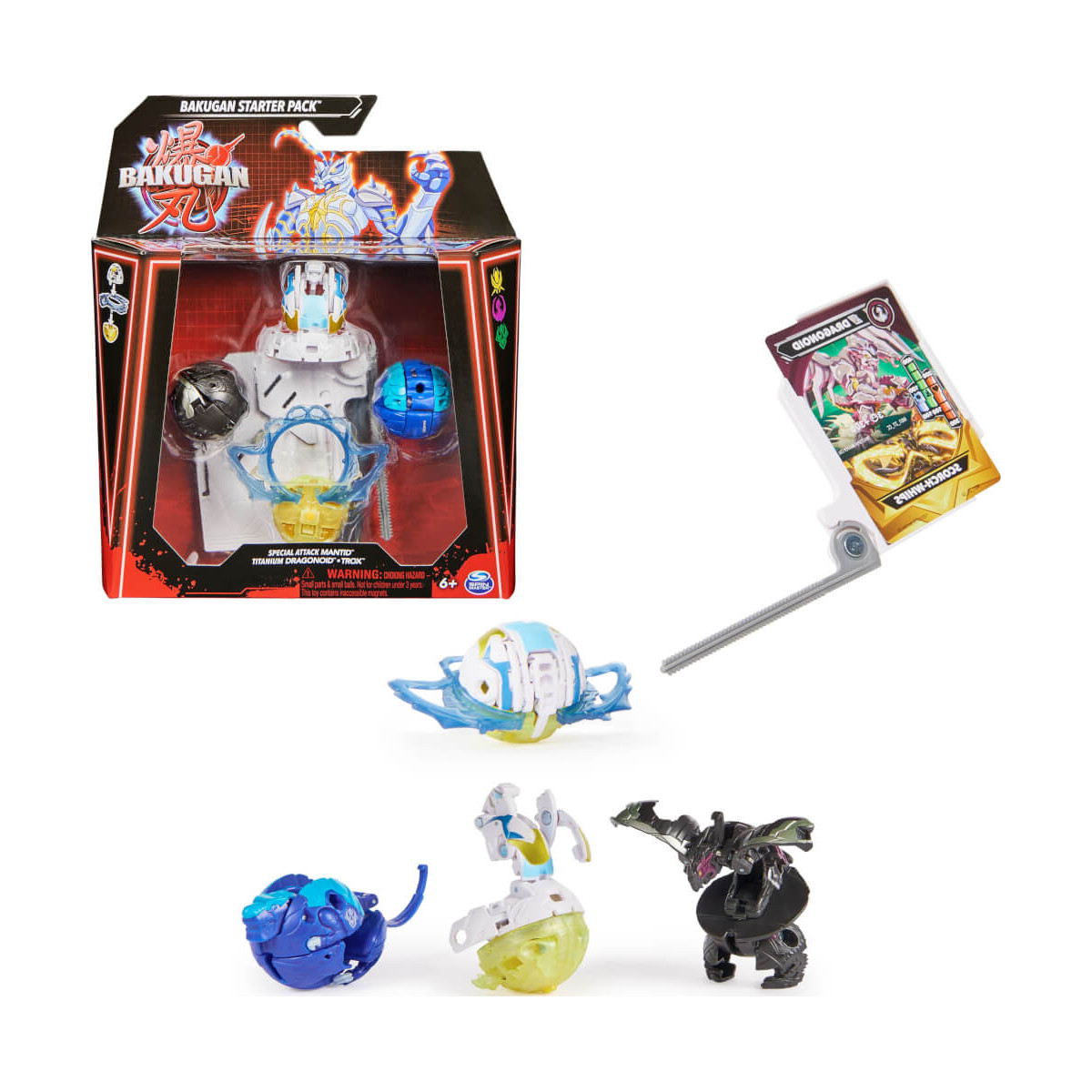 Bakugan Starter Pack mit drei Figuren, Karten und Launcher außerhalb der Verpackung abgebildet.
