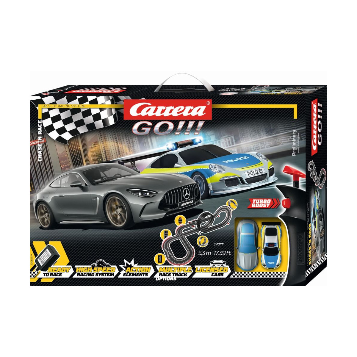 Carrera GO!!! Slotcar-Set mit Polizei- und Sportwagenmotiven sowie Abbildung des Streckenlayouts auf der Verpackung.
