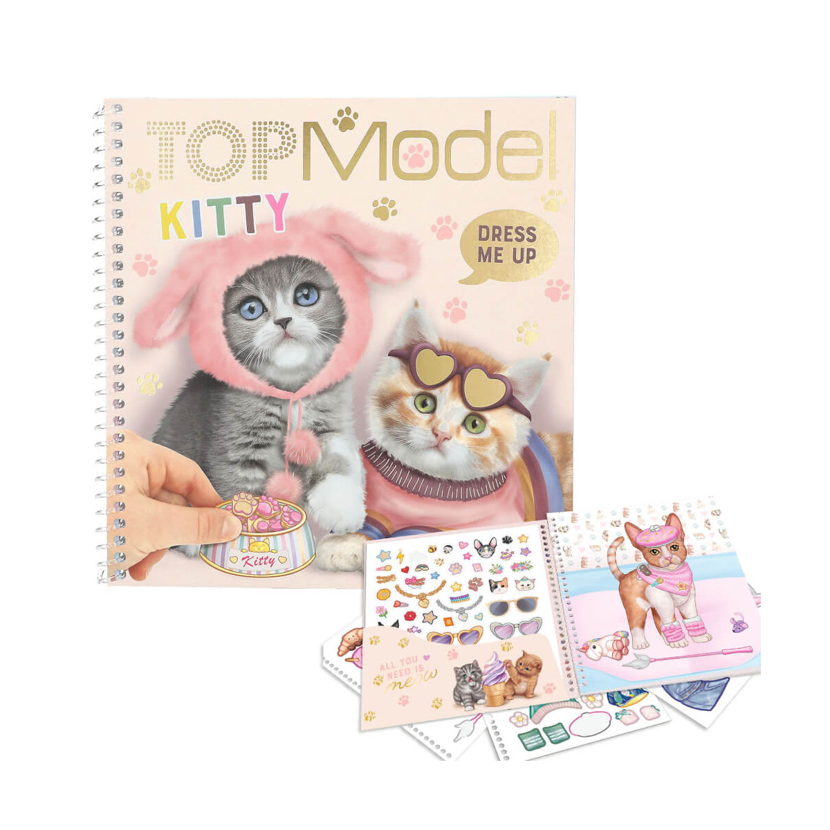 TOPModel-Anziehbuch mit Spiralbindung: Zwei Kätzchen und Stickerbögen mit Outfits und Accessoires.