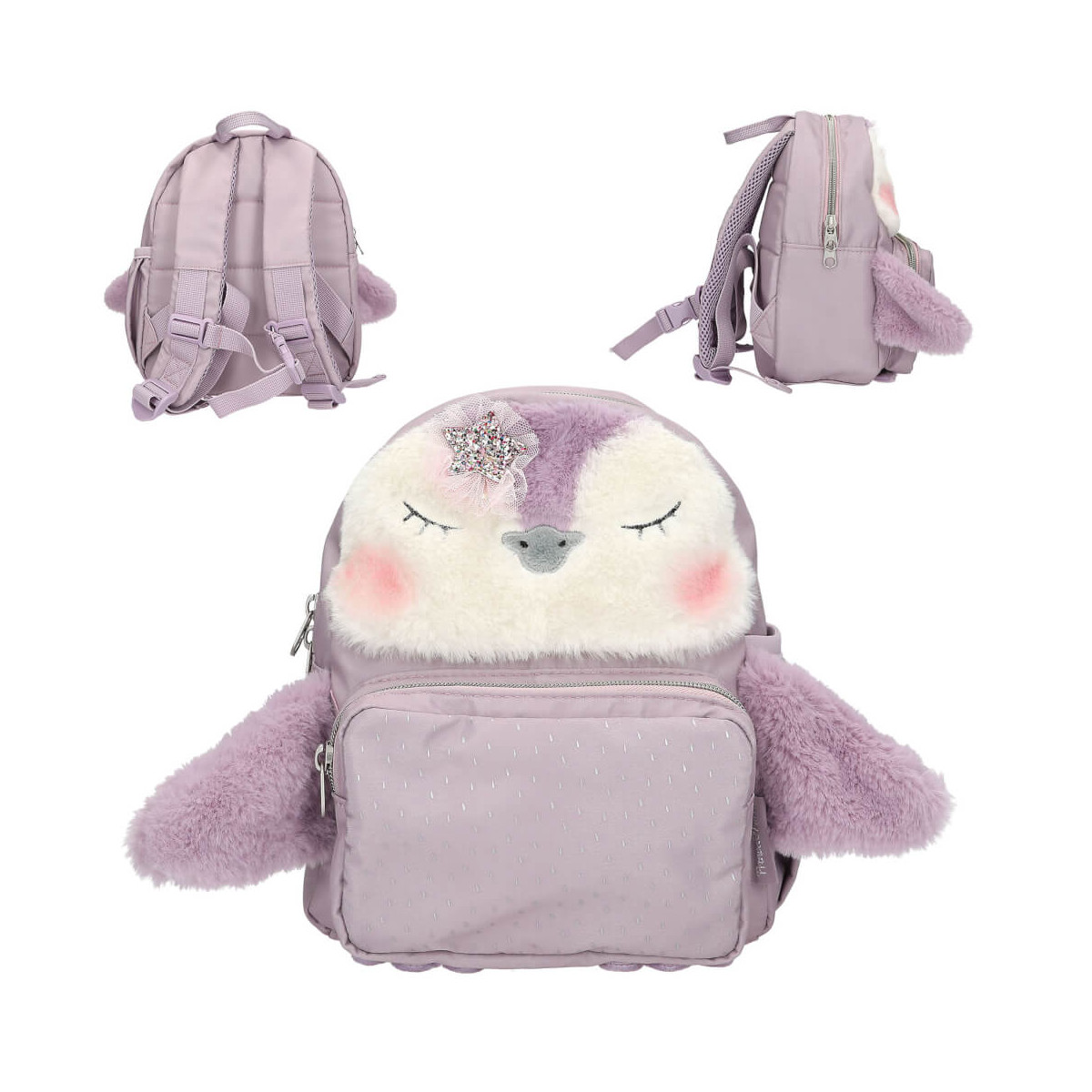 Lila Plüsch-Rucksack in süßer schlafender Pinguinform, gezeigt von vorne, hinten und seitlich.