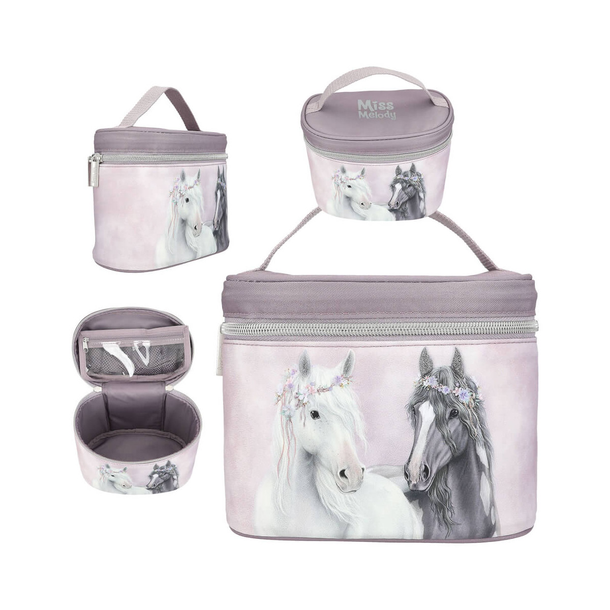Lavendelfarbene Lunchbag mit Pferdemotiven und Blumenkronen, aus verschiedenen Perspektiven dargestellt.