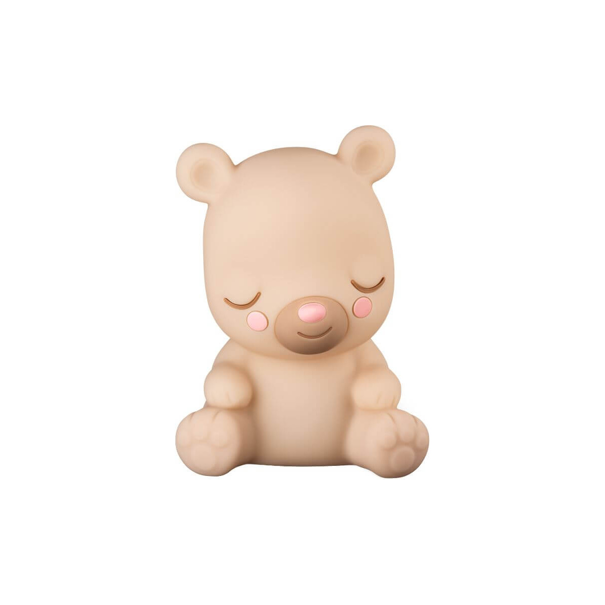 Beiger Teddybär mit geschlossenen Augen, rosa Wangen und ausgestreckten Pfoten sitzt niedlich da.