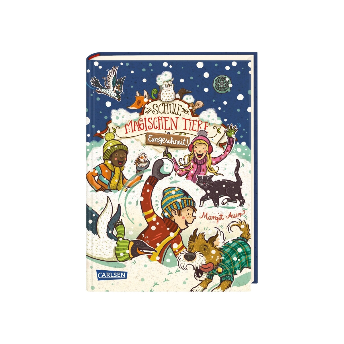 Kinder in Winterkleidung spielen im Schnee mit einem Hund; winterliche Kulisse, verspielte Tiere, Buchcover-Illustration.